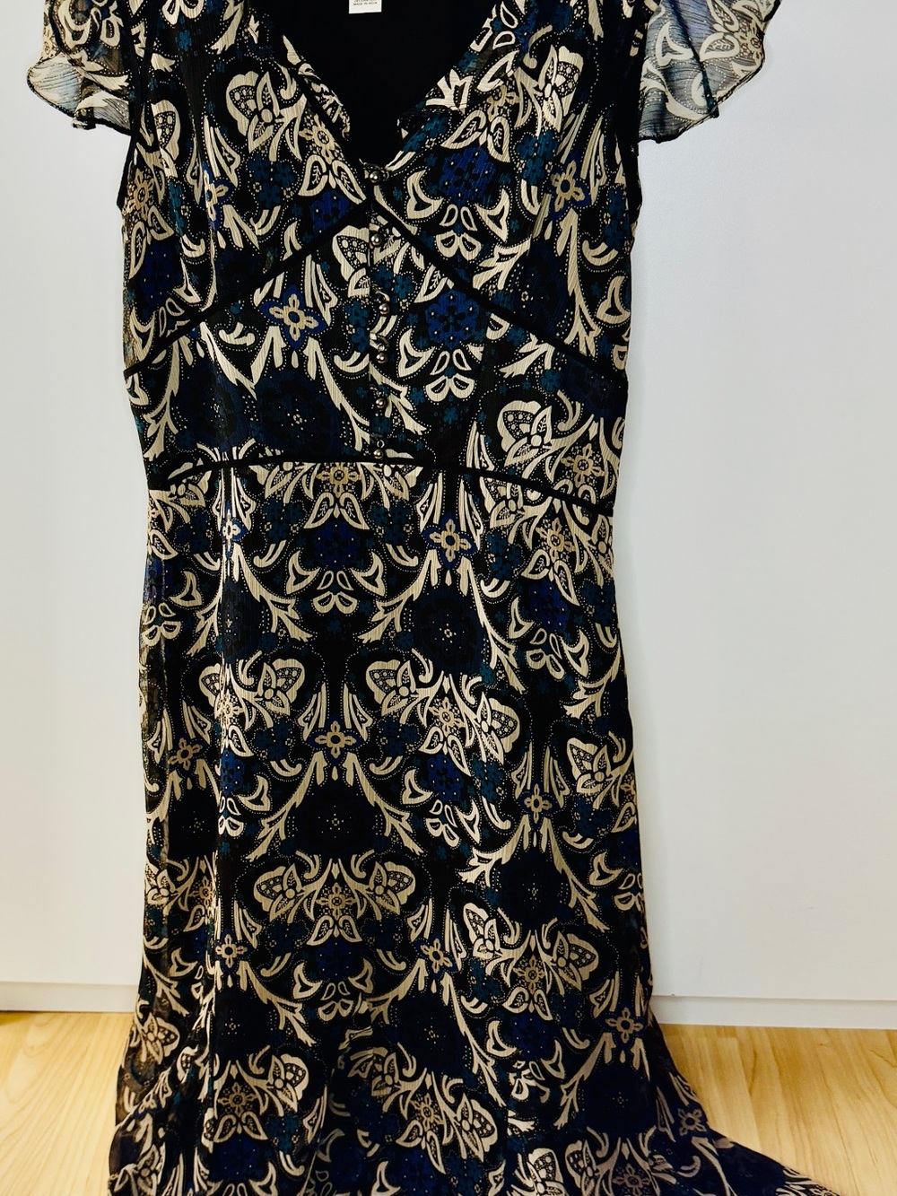 LOFT Navy and Gold Floral Ruffle Midi Dress sz OP - Picture 4 of 8